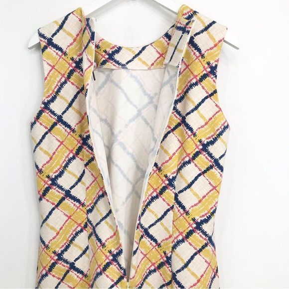 J. McLaughlin Yellow Navy Pink Geometric Plaid Midi Sheath Sleeveless Dress - Picture 15 of 16